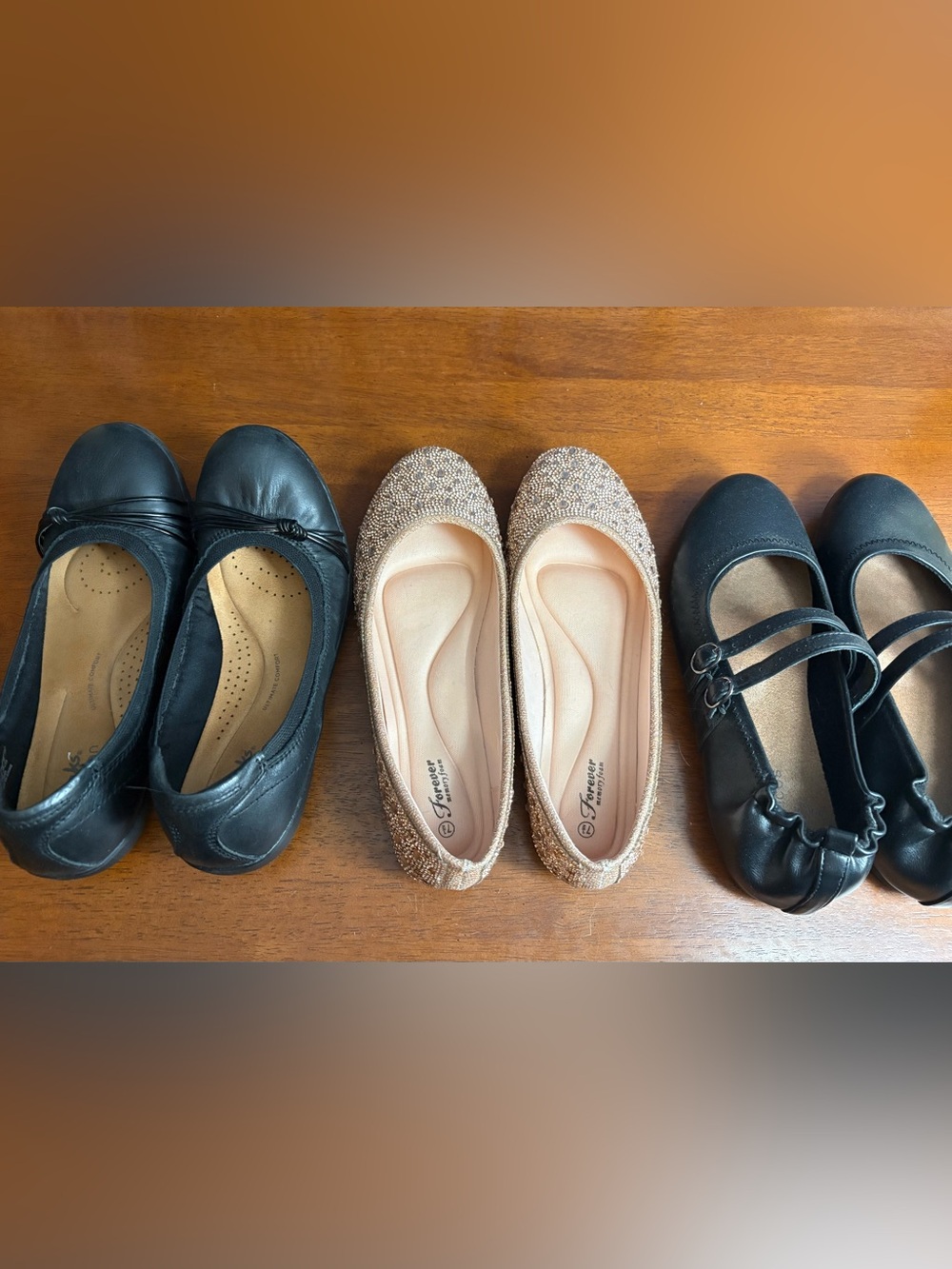 3 pairs Black and Rose Gold Crystal Ballet Flats - Comfortable Dress Flat